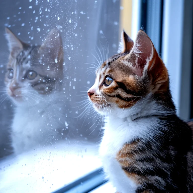 A tabby kitten looking out a window with its reflection visible
