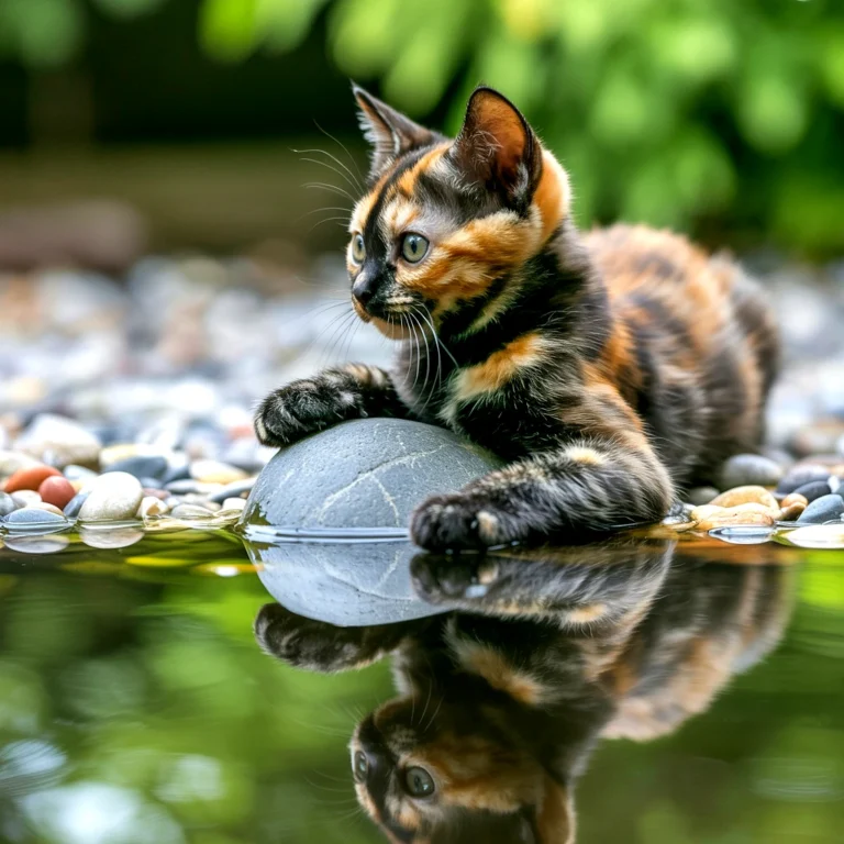 A tortoiseshell kitten rests on a stone, reflected in the water