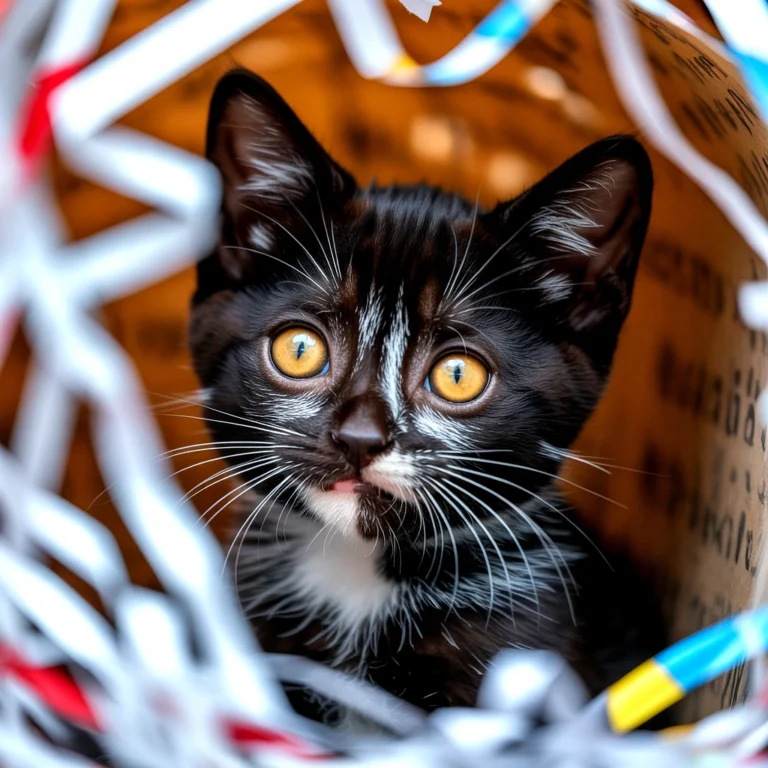 A tuxedo kitten with bright yellow eyes peeks out from a paper box