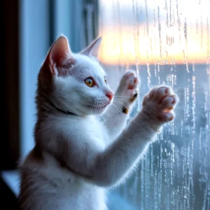 A white cat looking out a window, paws touching the glass