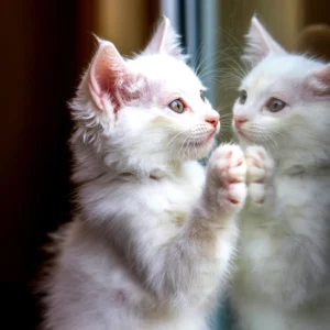 A white kitten, possibly a devon rex, looking at its reflection in glass