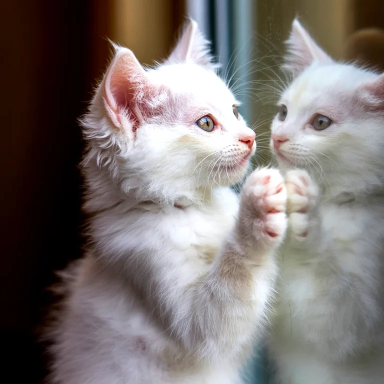 A white kitten, possibly a devon rex, looking at its reflection in glass