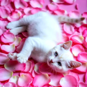 A white kitten with blue eyes rests on a bed of pink rose petals