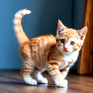 Adorable orange tabby kitten with white paws standing on a wooden floor