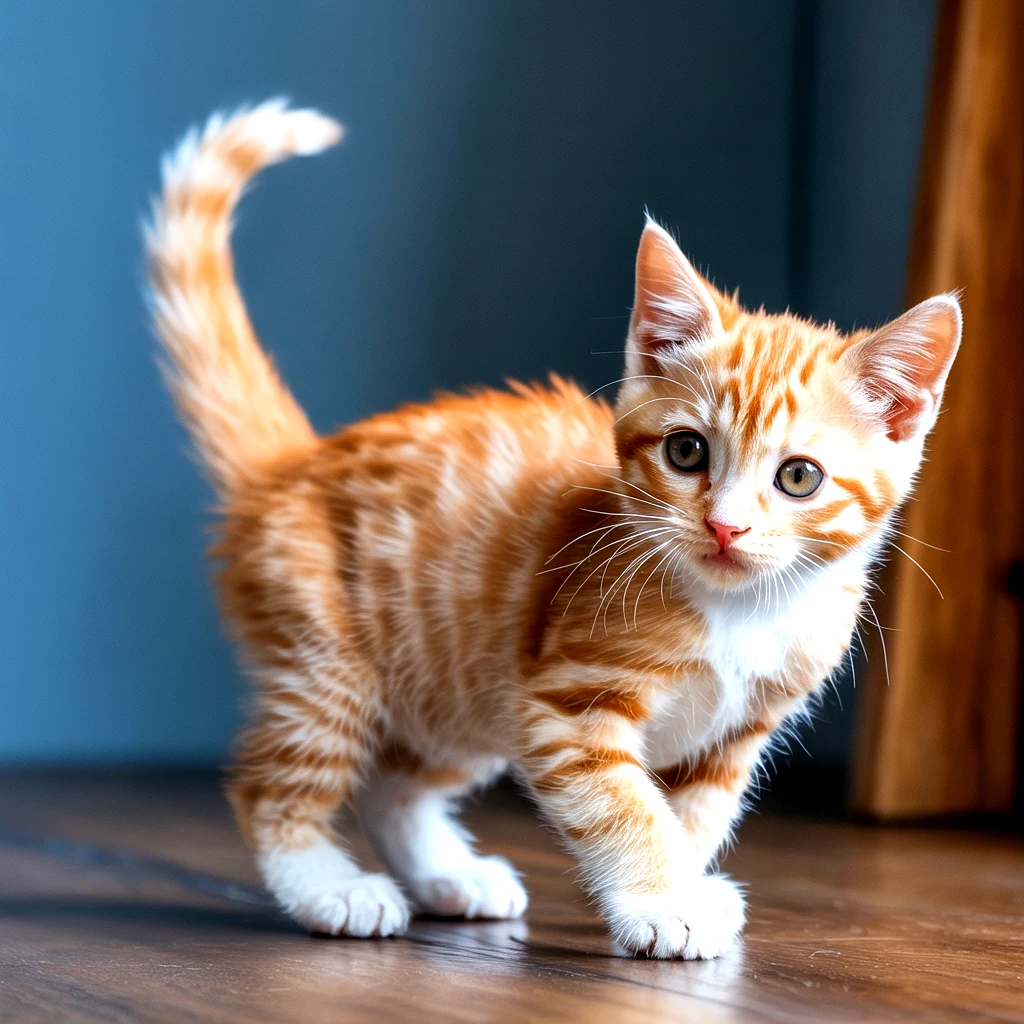 Adorable orange tabby kitten with white paws standing on a wooden floor