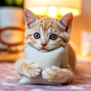 An adorable orange tabby kitten hugging a small pillow, looking directly at the camera