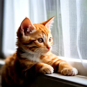 An orange tabby cat kitten gazing out the window, resting on a sill