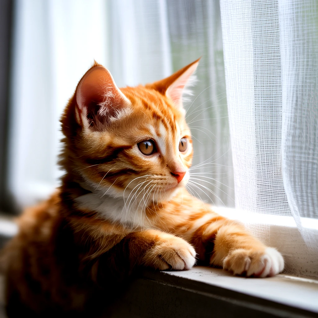 An orange tabby cat kitten gazing out the window, resting on a sill
