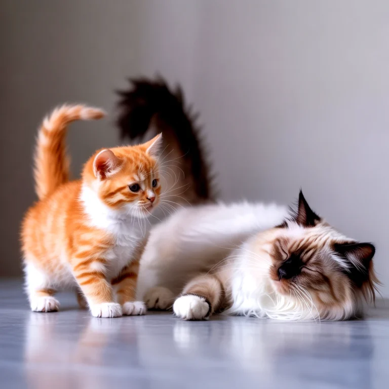An orange tabby kitten and a relaxed birman cat resting together on a surface