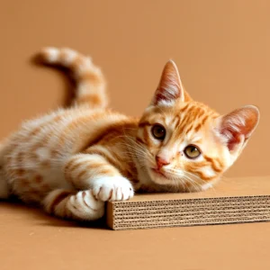 An orange tabby kitten, possibly a domestic shorthair, resting on cardboard