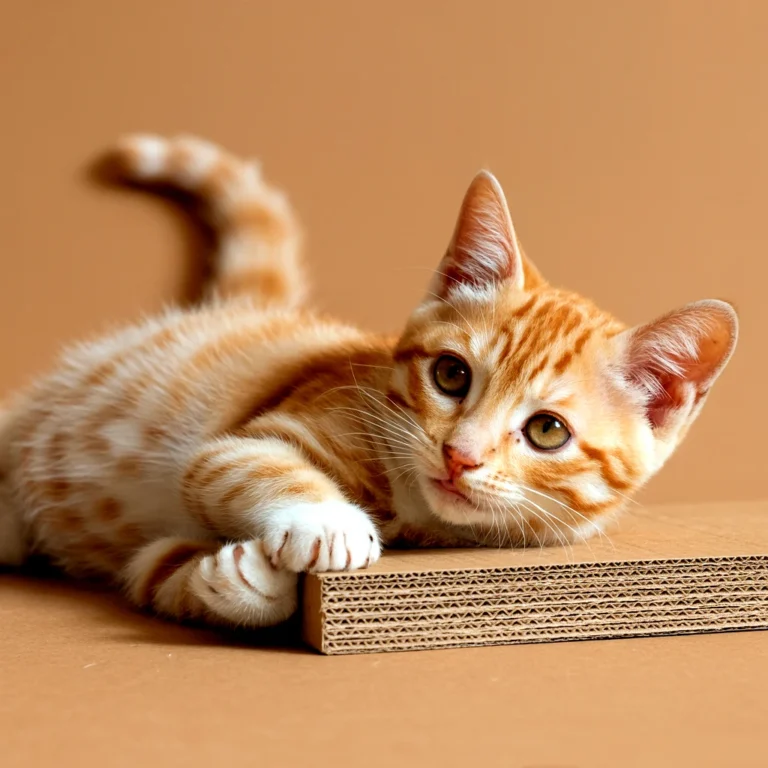 An orange tabby kitten, possibly a domestic shorthair, resting on cardboard