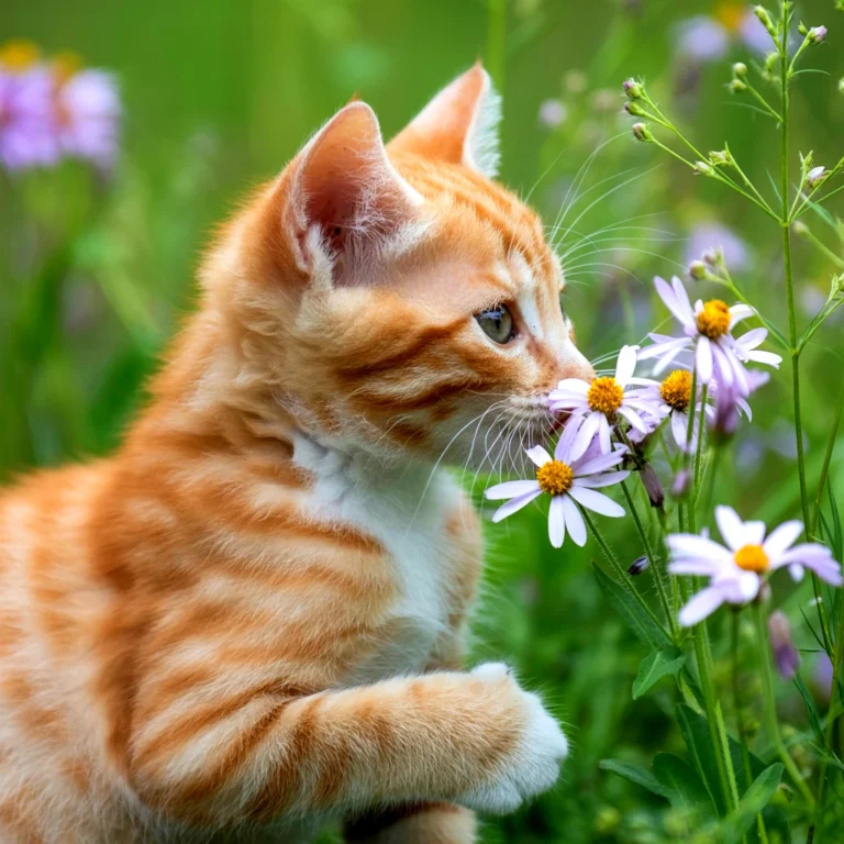 An orange tabby kitten smelling purple flowers in a field of green
