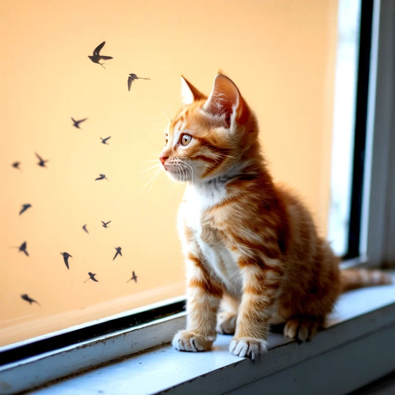 An orange tabby kitten watches birds outside a window, possibly a domestic shorthair