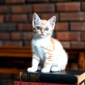 An orange tabby kitten wearing glasses sitting on top of old books