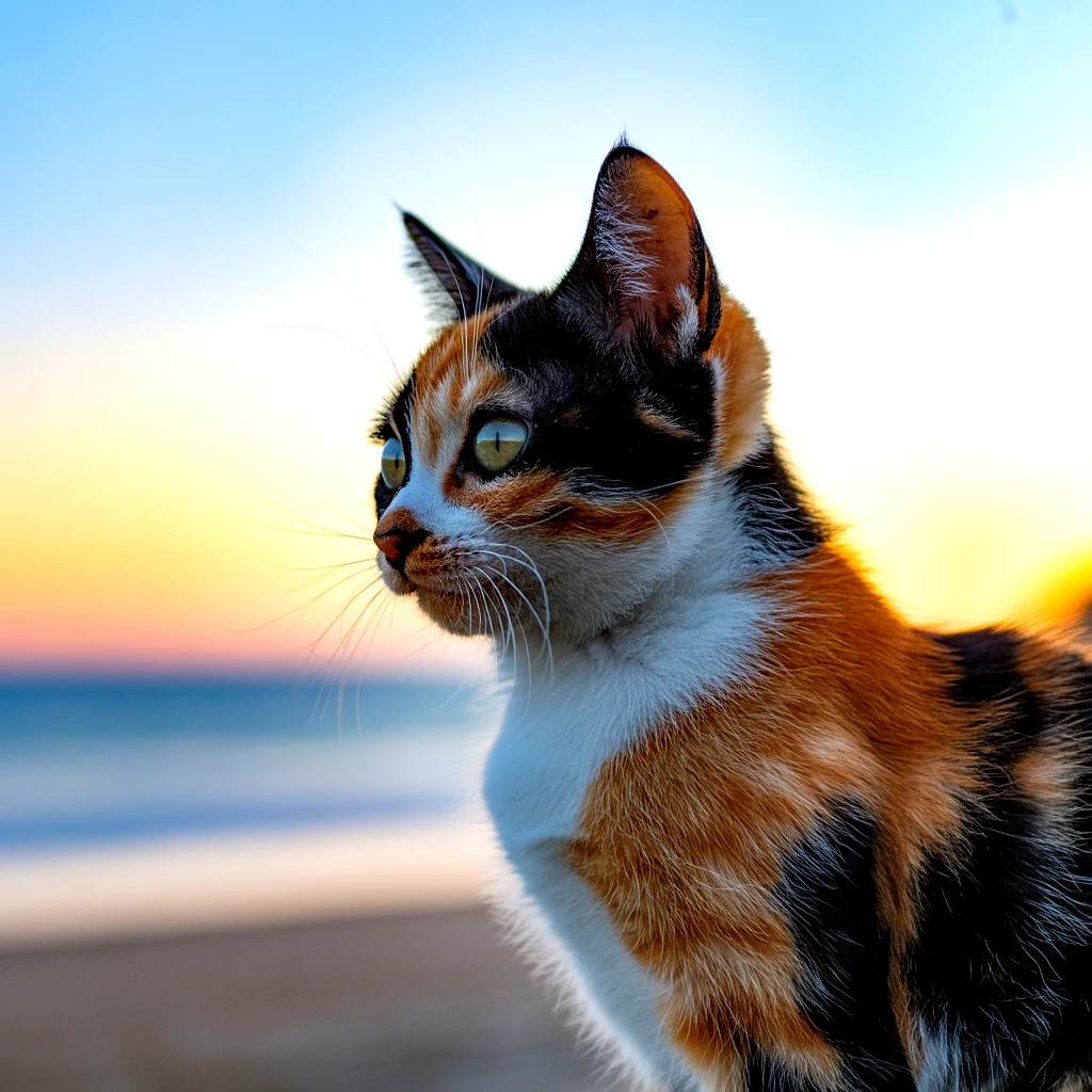 Calico cat outdoors, looking towards the horizon with a colorful sunset