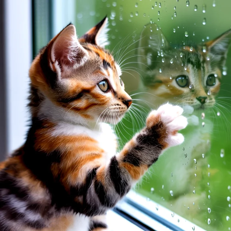 Calico kitten reaching towards its reflection on a rain-covered window