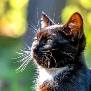 Close-up of a black and white cat with long whiskers, looking away