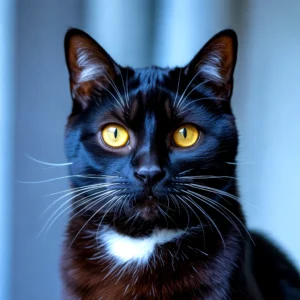 Close-up of a black cat with striking yellow eyes, possibly a tuxedo breed