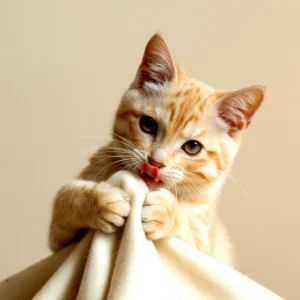 Close-up of a ginger kitten licking its lips while holding a blanket