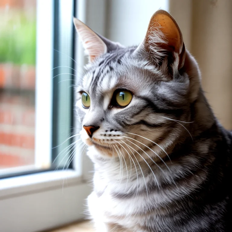 Close-up of a silver tabby cat with green eyes looking out a window