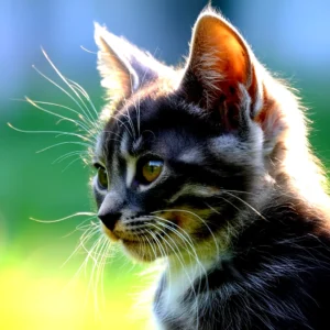 Close-up of a tabby cat with long whiskers, bathed in sunlight, looking away