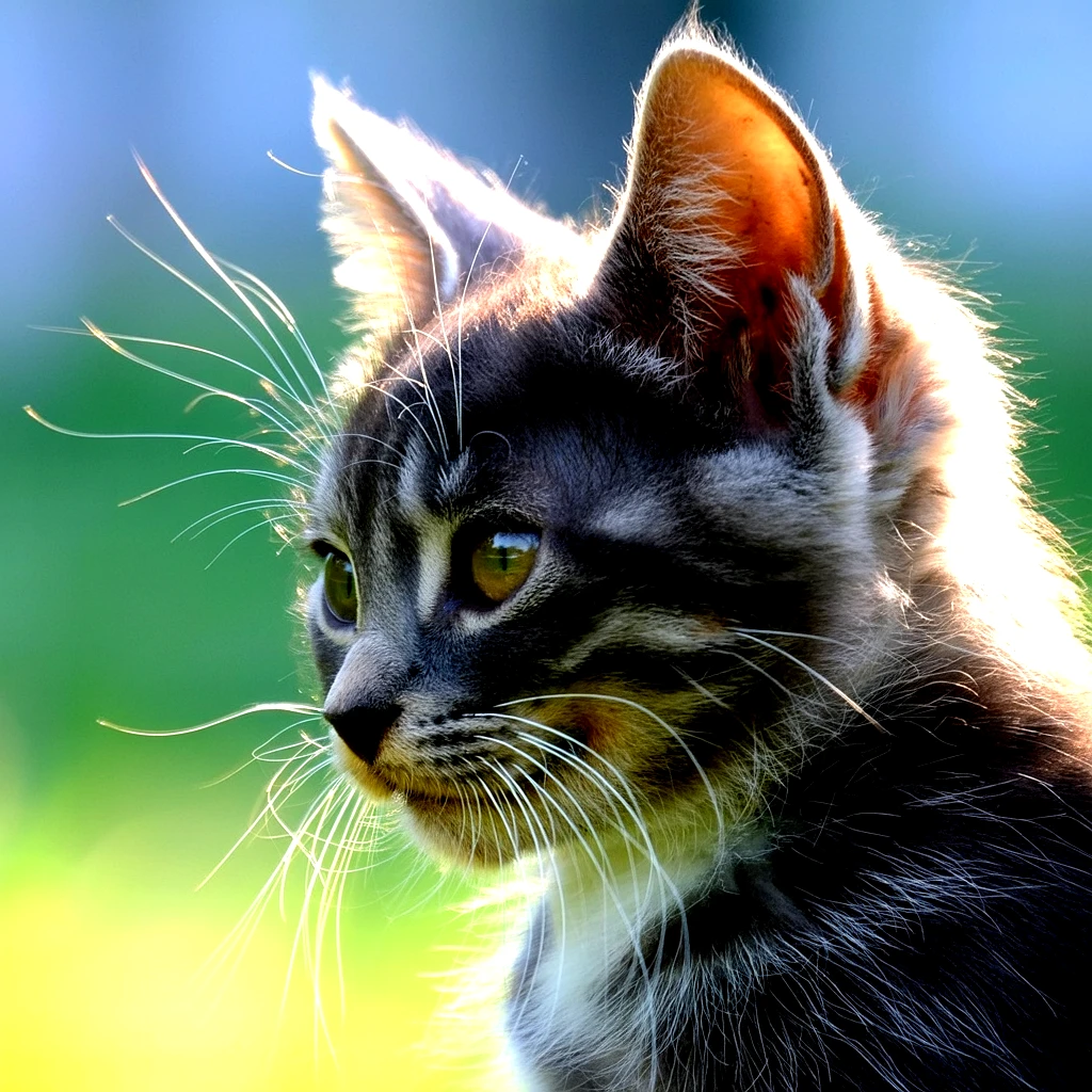 Close-up of a tabby cat with long whiskers, bathed in sunlight, looking away