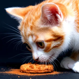 Close-up of an orange and white tabby cat eating a cookie on black surface