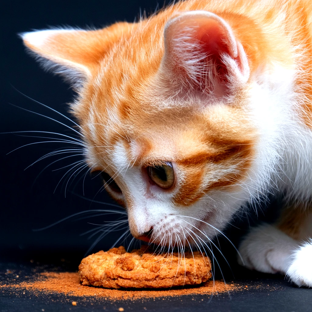 Close-up of an orange and white tabby cat eating a cookie on black surface