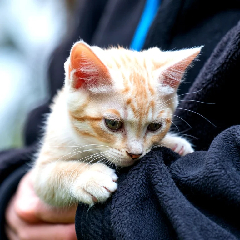 Close-up of an orange tabby kitten being held by a person