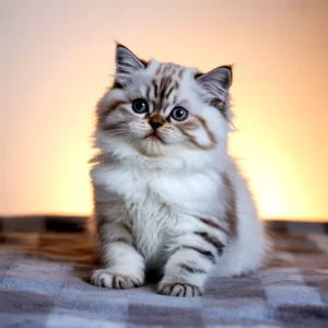 Fluffy, adorable ragdoll kitten with striking blue eyes, sitting and looking forward