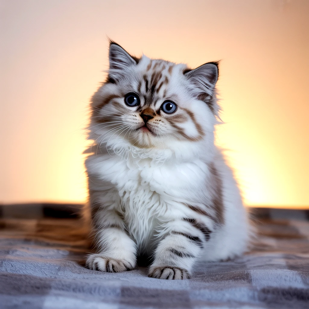 Fluffy, adorable ragdoll kitten with striking blue eyes, sitting and looking forward