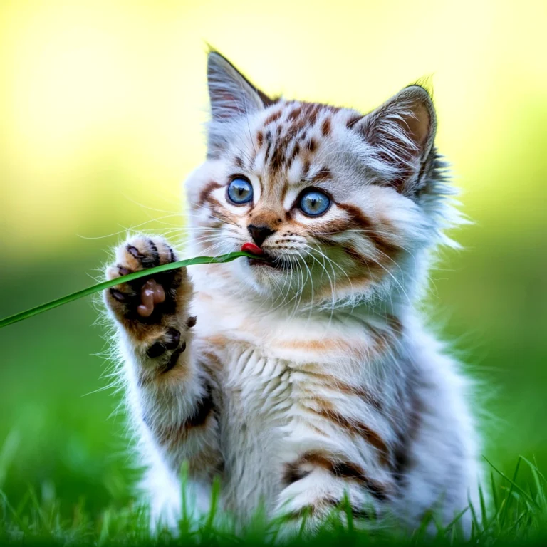 Fluffy kitten with blue eyes playing with a blade of grass in a green field
