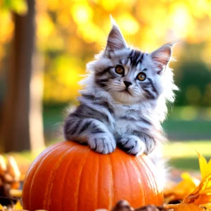 Fluffy maine coon kitten perched on a pumpkin in autumn foliage