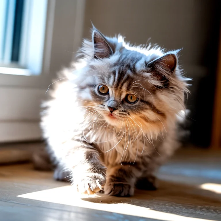 Fluffy persian kitten with striking eyes, illuminated by sunlight on wooden floor