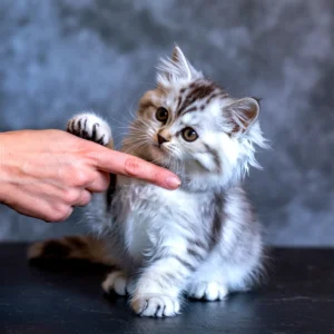 Fluffy silver tabby kitten interacting with a human finger, possibly a british shorthair
