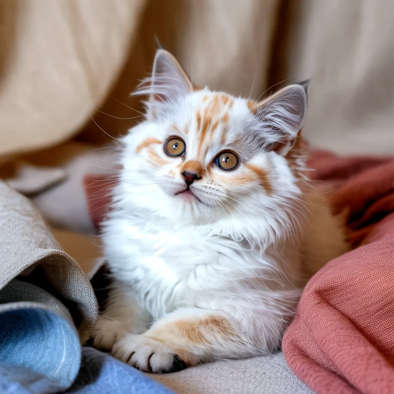 Fluffy, white and orange kitten with big eyes, possibly a persian breed