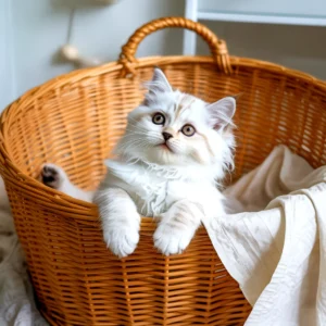 Fluffy white kitten, possibly a ragdoll, nestled inside a woven basket