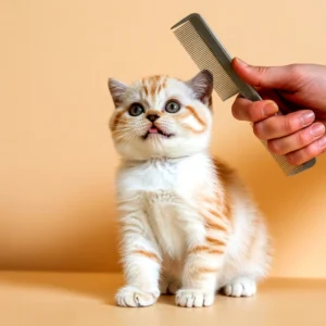 Orange and white british shorthair kitten being groomed with a comb