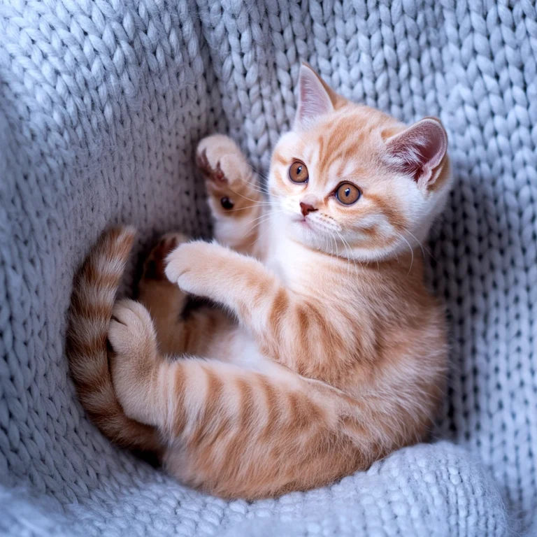 Orange tabby kitten curled up on a gray knitted blanket, looking up