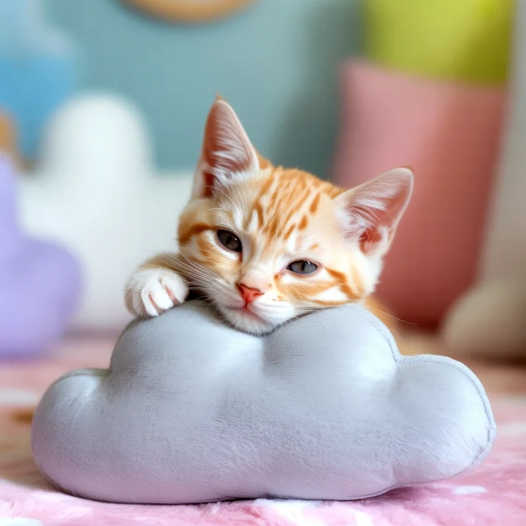 Orange tabby kitten resting on a gray cloud pillow, looking at the viewer