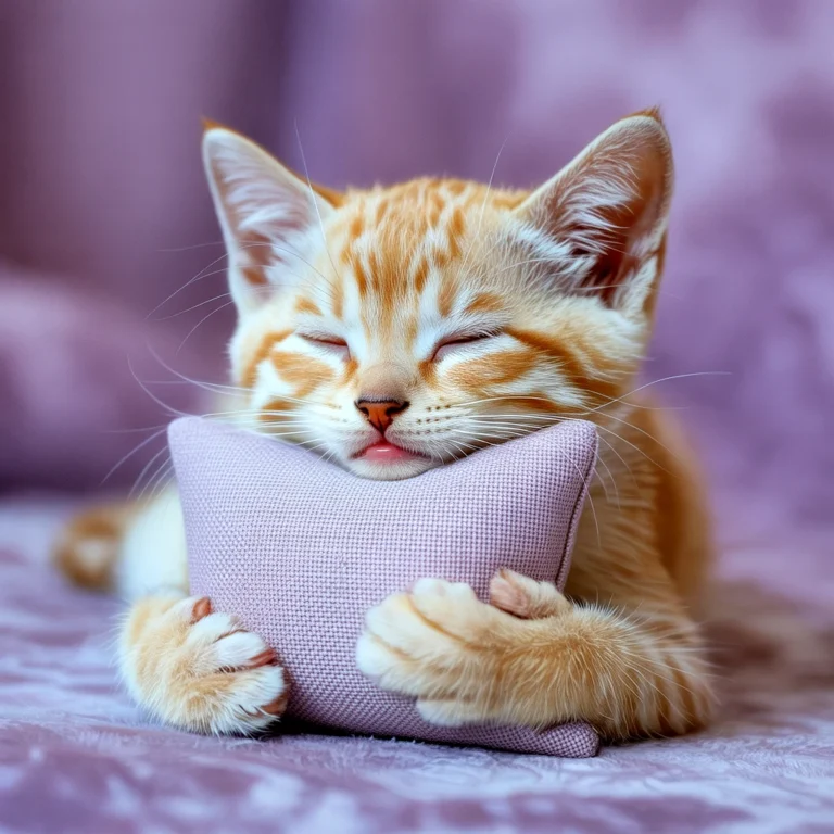 Orange tabby kitten sleeping peacefully, cuddling a small purple pillow