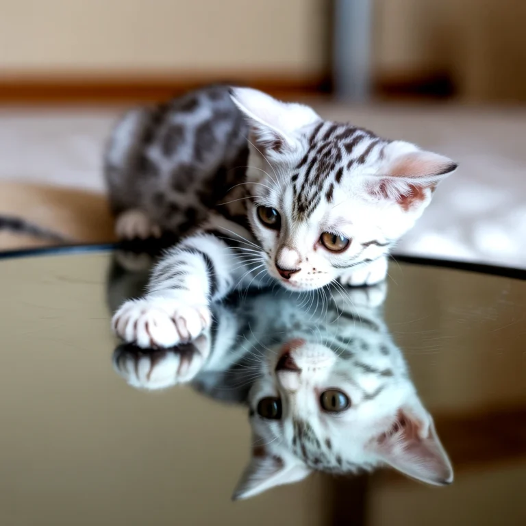 Silver bengal kitten gazing at its reflection on a glass surface
