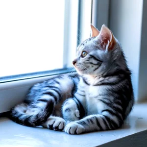 Silver tabby kitten gazing out the window, resting on a windowsill