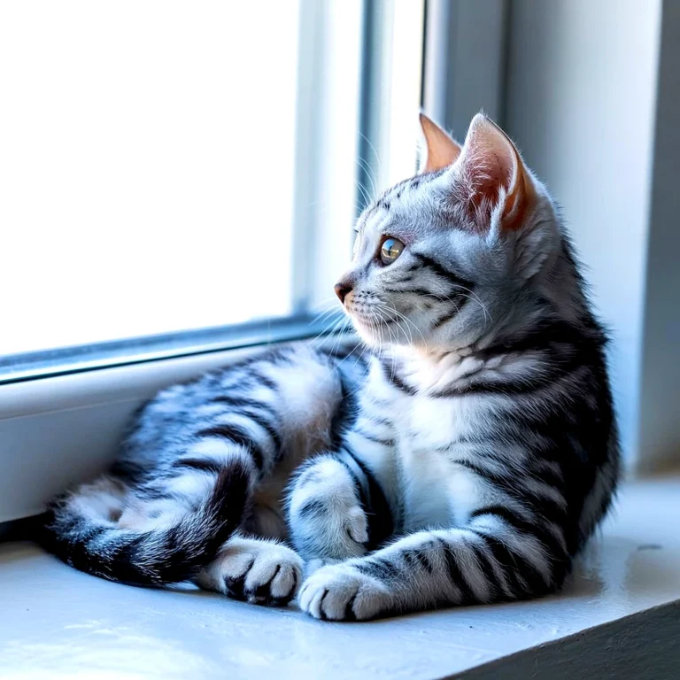 Silver tabby kitten gazing out the window, resting on a windowsill