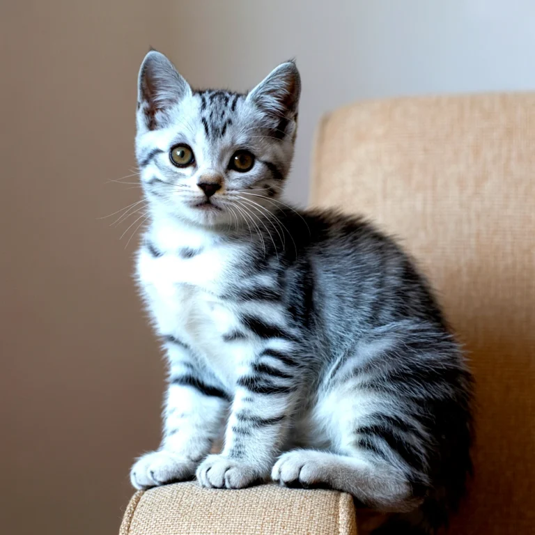 Silver tabby kitten sitting on a chair, looking directly at the camera