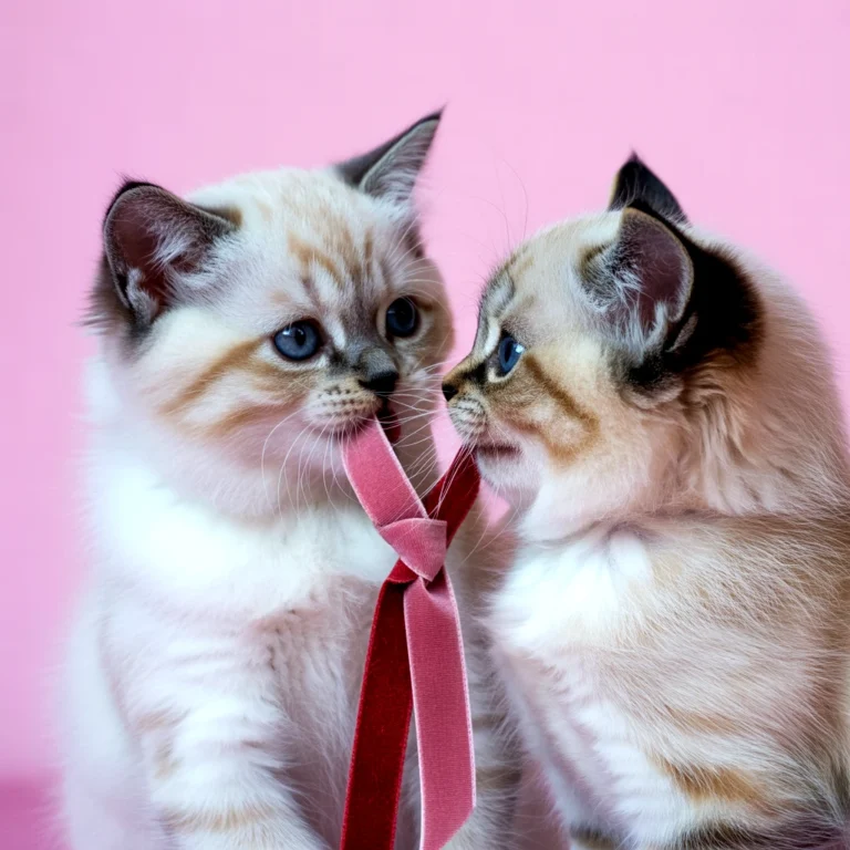 Two adorable ragdoll kittens playing with a pink ribbon against a pink background