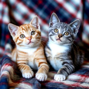 Two adorable tabby kittens, possibly domestic shorthairs, resting on a blanket