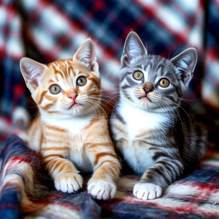 Two adorable tabby kittens, possibly domestic shorthairs, resting on a blanket