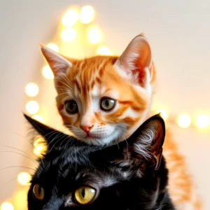 Two cats, one orange tabby and one black, stacked with bokeh lights