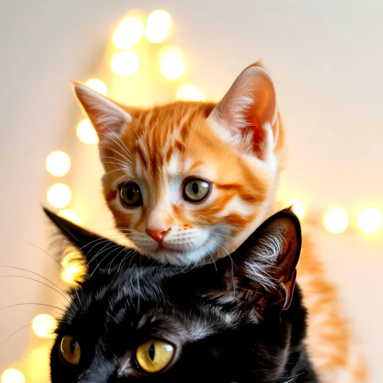 Two cats, one orange tabby and one black, stacked with bokeh lights